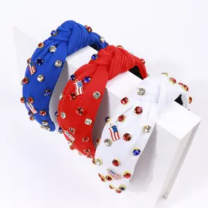 New Arrival Creative Independence Day Flag Headband Knotted Wide Edge With Diamonds Oil Dripping Headband For Women