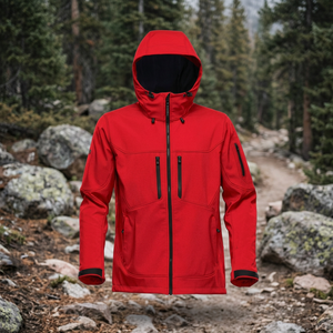 Men's Red Embossed Hooded Canvas <b>Fleece</b> Jacket Windproof Breathable Eco-Friendly Quick Dry Zipper Closure High Street Autumn - Product Image 3