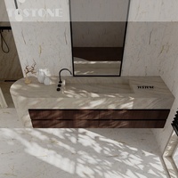 Nouvelle arrivée Tostone : Meuble-lavabo en travertin blanc poli, bois massif naturel, pour salles de bain modernes de villas et maisons contemporaines