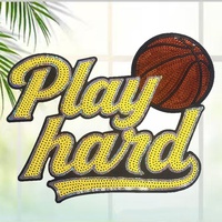 En stock : Patchs brodés à paillettes thermocollants pour sweats à capuche, thème basketball 'Play Hard' et baseball, pour les jours de match, 10 pouces