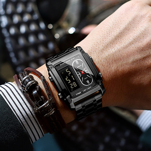 Binbond Square Dual Display Electronic Watch Men Waterproof Stainless Steel Strap Quartz Watch 14mm Folding Clasp - Product Image 2