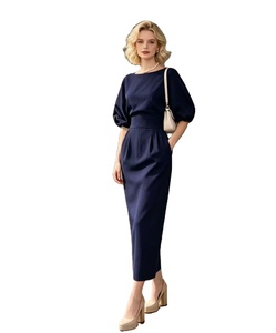 Plus Size <strong>Navy</strong> Blue Midi A-Line <strong>Dress</strong>-Crew Neck Regular Sleeves High-Waisted <strong>Tailored</strong> Fit Formal Chiffon Breathable Summer <strong>Dress</strong> - Product Image 2
