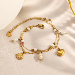 Ocean Theme Stainless Steel <b>Bracelet</b> With Natural Seashells Heart Beads Double Layered Gold Plated Jewelry For Summer Beach Wear - Product Image 4