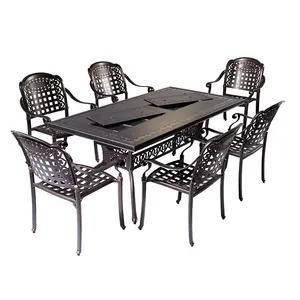 Europeu Outdoor Patio Móveis Set Garden Cast Aluminum BBQ Table e 6 Seater Cadeiras