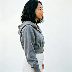 <span class=keywords><strong>Sudadera</strong></span> con capucha gris para mujer, con cremallera, hombros caídos, manga farol, top corto, estilo casual, holgada, para otoño e invierno, ropa urbana - Product Image 2