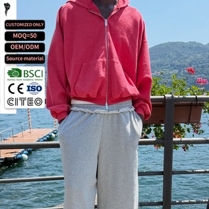 Custom Men Hot Pink Oversized <b>Zip</b> Up Hoodie Drop Shoulder Kangaroo Pocket Loose Cropped Full <b>Zip</b> <b>Hooded</b> Jacket Casual Sweatshirt - Product Image 1