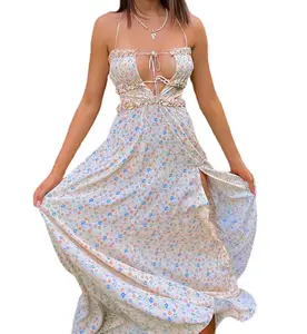 Женская одежда, Новинка лета 2023, элегантная юбка с квадратным вырезом и разрезом, длинное французское Цветочное платье с популярным принтом