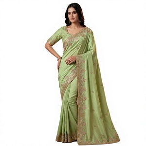 Sari de seda verde con bordado Zari y lentejuelas para bodas y fiestas, ropa tradicional india, sari largo hasta el suelo para mujer - Product Image 1