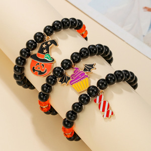 Halloween Cartoon <b>Beaded</b> <b>Bracelet</b> Set Black Elastic Rope Three Strand Party Jewelry Pumpkin Ghost Skull Charm <b>Bracelets</b> - Product Image 4