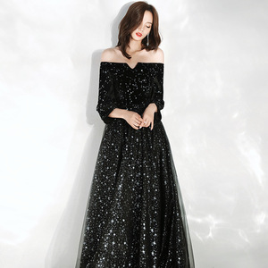 Abito da sera a-line <span class=keywords><strong>paillettes</strong></span> nere brillante o-collo mezza manica abito da ballo formale donna Vintage lungo fino al pavimento abito da festa - Product Image 2