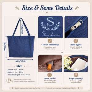 Bolso Tote Cuadrado Grande de Pana, Color Sólido, con Nombre Personalizado, Bolso de Hombro Estético, Regalo de Cumpleaños o para Damas de Honor, para Niñas y Mujeres - Product Image 5