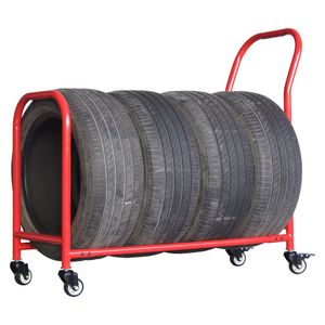 Portable Red Metal Tire Rack With Wheels For <b>Car</b> Storage Horizontal Industrial Design Powder Coated Finish - Product Image 1