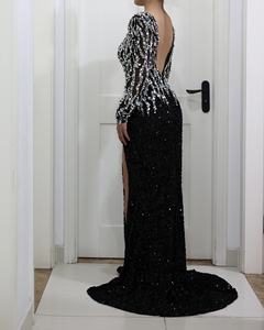 Lusso <span class=keywords><strong>nero</strong></span> sirena Dubai abiti da sera eleganti con scollo a V maniche lunghe abiti da festa formali da donna - Product Image 2