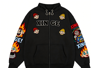 Service OEM/ODM personnalisé : Sweat-shirt à capuche zippé pour homme, style streetwear, surdimensionné, avec broderie cartoon et patchwork graphique. - Product Image 2