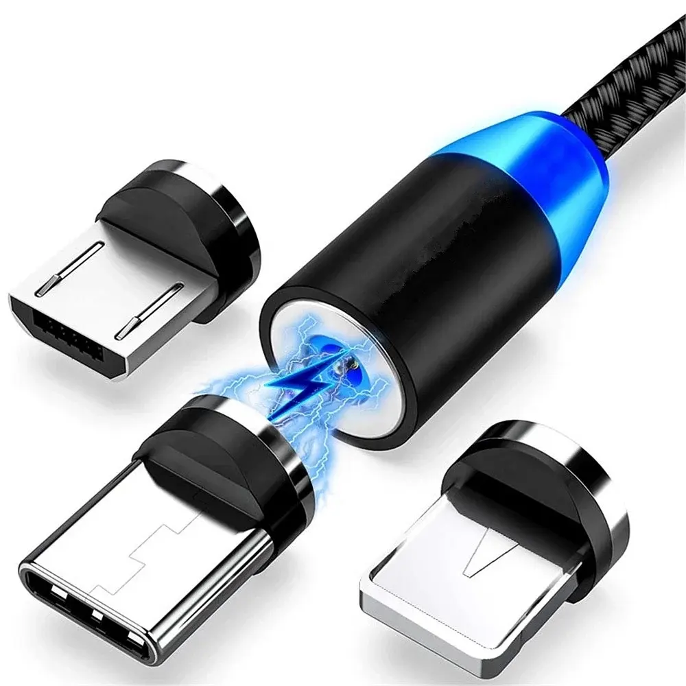 3 1 LED 마그네틱 USB 케이블 빠른 충전 유형 C 케이블 자석 충전기 데이터 충전 마이크로 휴대 전화 케이블