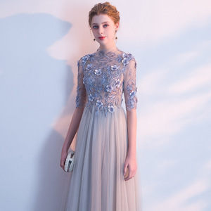 European American Style Long Chiffon Dress High Neck A-Line Floral Print Grey Evening Gown For Graduation Banquet - Product Image 4
