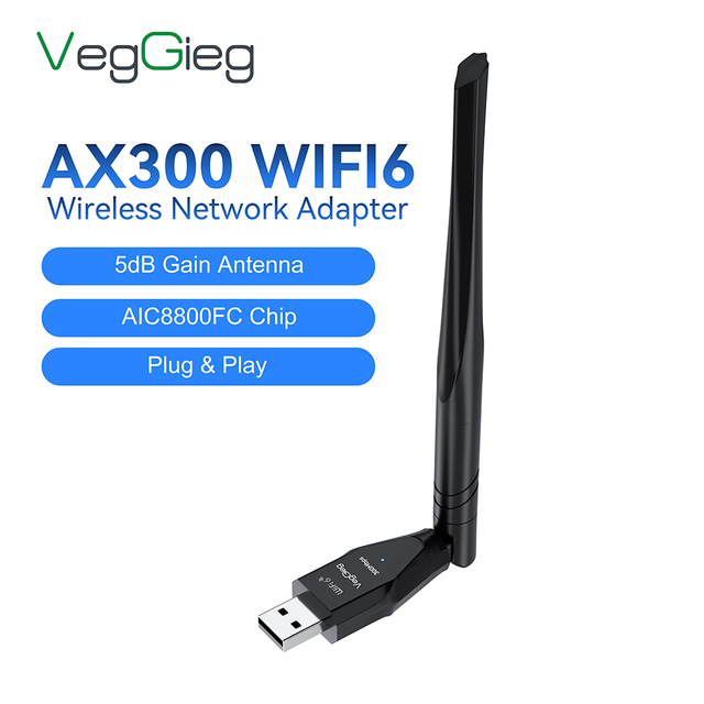 VegGieg AX300 WiFi 6 Wireless Network Card 2.4GHz 802.11ax USB Wifi Adapter with 5dBi High Gain Antenna, for Windows 8 or Above