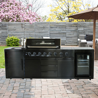Cuisine extérieure de haute qualité en acier inoxydable SS304 noire avec évier et réfrigérateur de 68 L, barbecue à gaz 6 brûleurs pour la cuisson et les grillades en extérieur