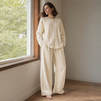 Ensemble Lounge Femme en Mélange de Lin Respirant, Haut Boutonné à Manches Longues et Pantalon Large, Couleur Café, Pour Intérieur et Extérieur, Tenue de Jour SOFT19