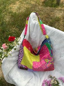 Colorful Ethnic <b>Canvas</b> Cotton Shopping Tote Bag Calico Large Capacity Retro Floral Shoulder Bag <b>Handbag</b> for Travel - Product Image 3