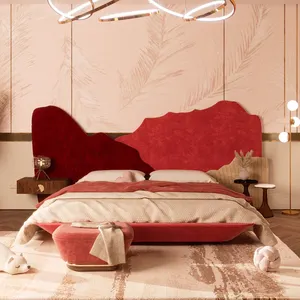 은행 나무 독특한 헤드 보드 더블 편안한 덮개를 씌운 침대 장미 빨간 침실 가구 패브릭 벨벳 소녀 여왕 침대