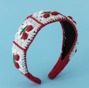 Diadema ancha de lana tejida a crochet con forma de cereza, colorida, hecha a mano, accesorio para el cabello. - Product Image 1