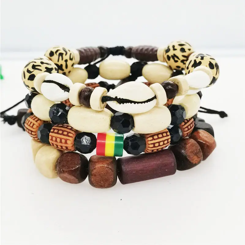 4 pezzi bracciali conchiglia braccialetti di perline di legno braccialetti africani tribali etnici impilabili a più strati