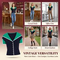 Cardigan tricoté vintage color-block pour femme, col rabattu, manches courtes, boutonnage frontal, coupe ajustée, style rétro preppy d'été