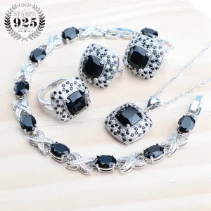 Bridal 925 Silver Jewelry Sets Women Wedding Black Zircon Earrings Ring Bracelets Pendant Necklace Set