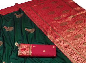 Green Silk <b>Saree</b> With Peacock Embroidery <b>Red</b> Border with Blouse Material For Wedding And Festival Wear - Product Image 4