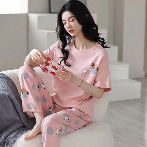 Pijamas Femininos Fofos de Primavera e Outono 2025, Conjunto de Camiseta de Manga Curta e Calças Longas em Fibra de Bambu, Estilo Cartoon, Roupas de Lazer - Product Image 3
