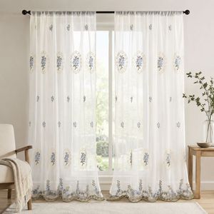 COSENNATUR Rideaux Voilages Brodés Ovale Floral Bleu à Motifs Botaniques avec Passe-Tringle, Panneau en Voile OEM ODM Vente en Gros - Product Image 1