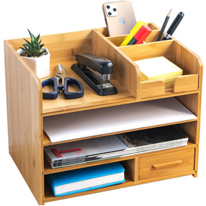 Organizador de escritorio de bambú con compartimentos y cajón para almacenamiento de artículos de oficina, tipo rectangular vertical - Product Image 3