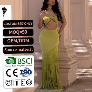 Vestido Maxi Verde con Hombros Descubiertos, Detalles Trenzados y Dobladillo con Flecos, Vestido de Fiesta Ajustado, Personalizado OEM - Product Image 1