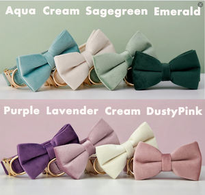 Set tali kerah anjing BONA beludru warna-warni dengan busur ukiran pelat nama hewan peliharaan gesper logam hadiah pernikahan anak anjing - Product Image 2