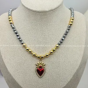 Commercio all'ingrosso di moda carino ciondolo con cuore e diamante catena lastricata girocollo oro collana di perline gioielli per donna uomo