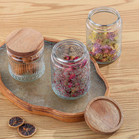 Recipiente de almacenamiento de vidrio hermético transparente para alimentos con tapa de madera de sellado para harina, té, granos de café, galletas de azúcar, 500ml, 700ml, 1000ml