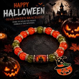 ハロウィンステンレススチール金メッキ紫オレンジビーズ付きお化け屋敷チャームブレスレットラインストーンスペーサーパンプキンバットビーズ - Product Image 5