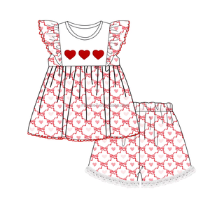 2025年バレンタインデー子供服セットカスタム弓プリント女の子ドレスブティックハート刺繍フリル幼児用女の子ドレス - Product Image 3