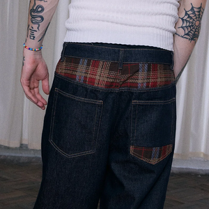 OEM Custom Wholesale Mens Asymmetrical Plaid Patchwork Straight Leg <b>Jeans</b> Raw Denim Wide Leg <b>Button</b> <b>Fly</b> Vintage Loose <b>Jeans</b> - Product Image 6