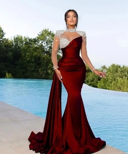Vestido <span class=keywords><strong>de</strong></span> <span class=keywords><strong>Alta</strong></span> <span class=keywords><strong>Costura</strong></span> Estilo Sirena en Satén y Encaje con Pedrería y Estrás para Noche, Boda, Cumpleaños, Actuación y Banquete - Product Image 2