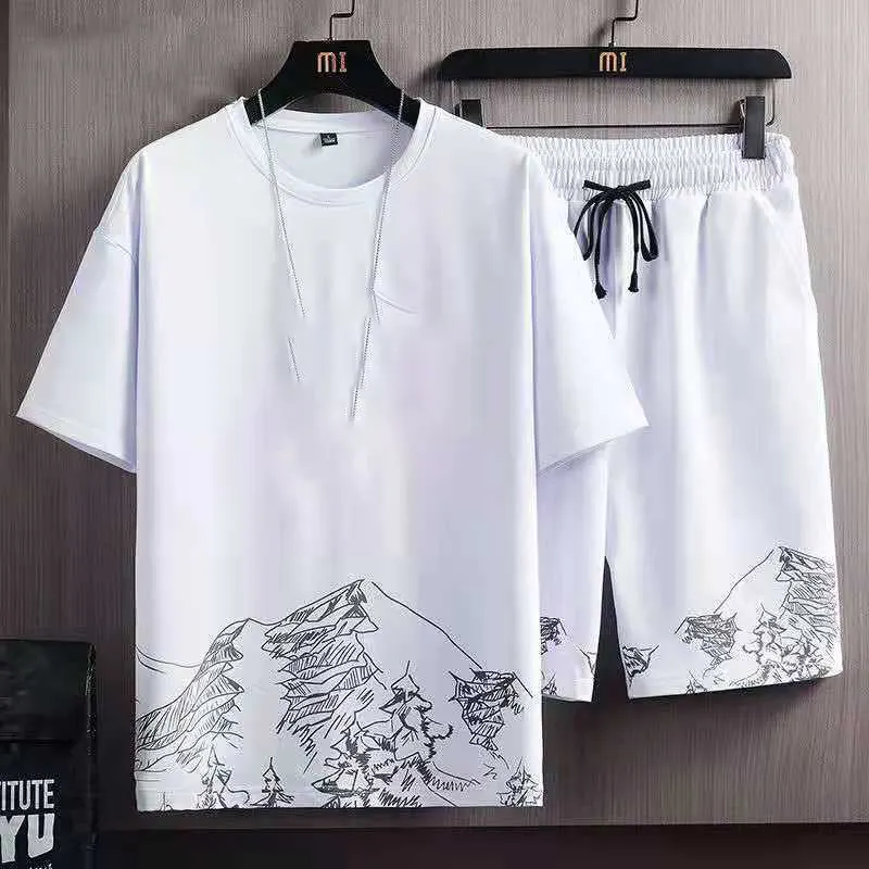Wholesale Summer Short Sleeve T-shirt Set Male Personality Casual Fashion Half Sleeve Ice Silk T-shirt Two-piece Set