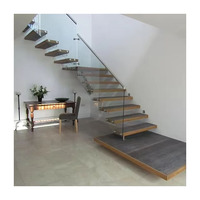 Escalier flottant design fantaisie limon en acier intégré bande de roulement en verre trempé escalier droit avec garde-corps