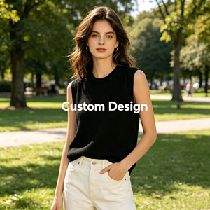 Gilet en tricot de cachemire sans manches pour femme, col rond, pull côtelé décontracté, gilet de printemps - Product Image 4