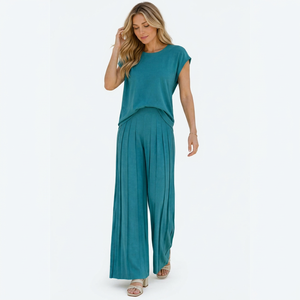 Women's 2 Piece <b>Long</b> Set Solid Teal O Neck Short Sleeve Top <b>Pleated</b> Wide Leg Pants - Product Image 1