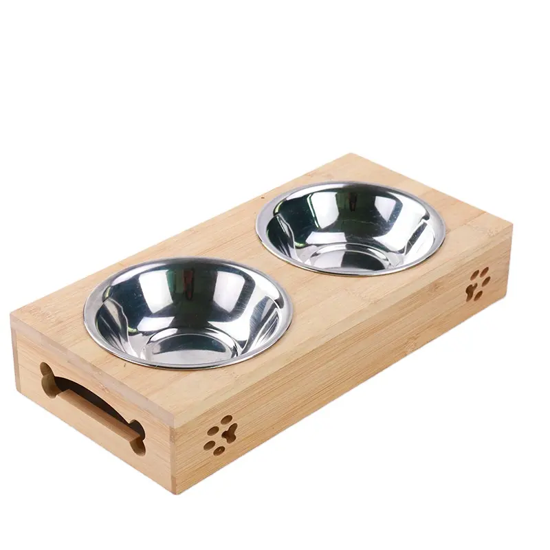 Bamboo Raised Dog and Cat Pet Feeder Bowls Raised Stand Feed Station Tray Waterer with Double Stainless Steel Bowl Dish