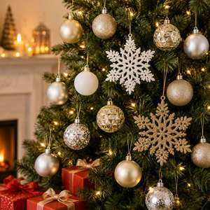 <b>Xmas</b> Holiday Party Decor 50 Pcs 2 Inch Gold Silver White Shatterproof Glitter Snowflake Baubles Kit Christmas <b>Tree</b> Ornament Sets - Product Image 1