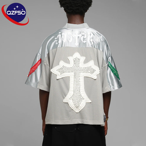 QZFSO Custom Rhinestone Studded Applique Patch Shirt Liquid <b>Silver</b> Satin Mesh Patchwork Gothic Tee Men Luxury Football Jersey - Product Image 2