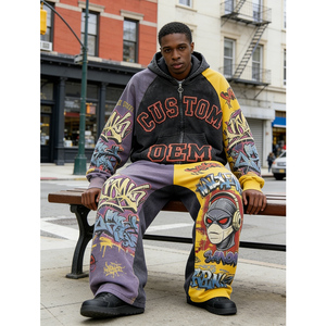 Applique Embroidery OEM Custom Pattern Printing Streetwear Color Blocking 2-piece Heavyweight 400 GSM Zipper-up Men's Hoodie Set - Product Image 2