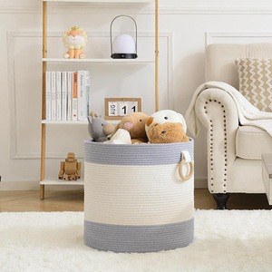 Panier à linge rond en coton tissé nordique, grande capacité, avec poignées, pour le rangement des jouets, blanc gris - Product Image 1